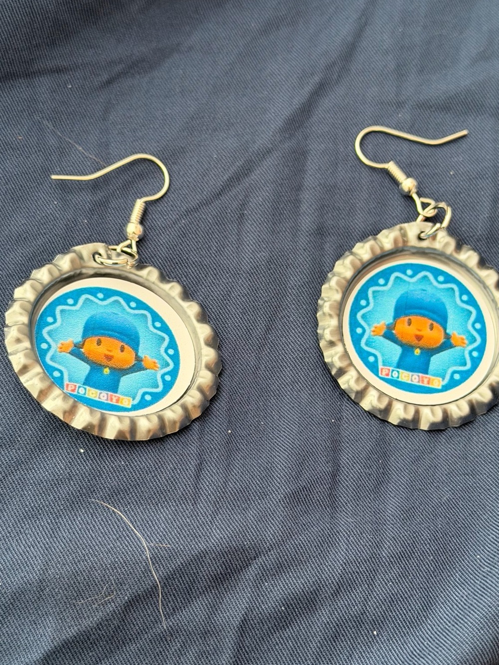 Blue Kids Bottle Cap Earrings with Cartoon Design